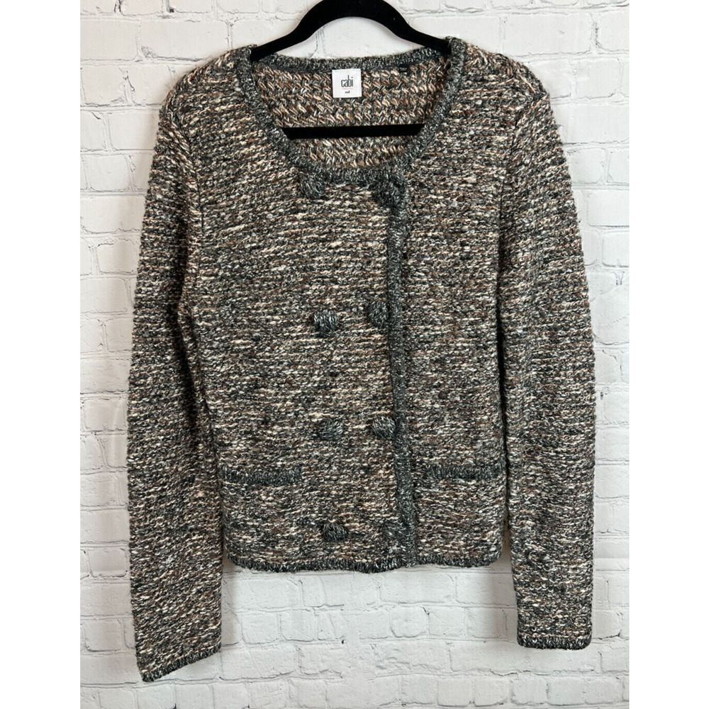 CABI beige gray melange knit boucle style cardigan sweater jacket blazer size M